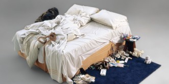 This handout picture received from Christies auction house on May 27, 2014 shows an artwork entitled "My Bed" by British artist Tracey Emin. Tracey Emin's unmade bed artfully littered with condoms, cigarette packs and underwear is expected to fetch around £1 million (1.2 million euros, $1.7 million) at auction. The work, called simply "My Bed", cemented Emin's notoriety when it was shortlisted for the 1999 Turner Prize, although the British artist eventually lost out to future Oscar winner Steve McQueen, who directed "12 Years a Slave". RESTRICTED TO EDITORIAL USE - MANDATORY CREDIT " AFP PHOTO / CHRISTIES" - NO MARKETING NO ADVERTISING CAMPAIGNS - DISTRIBUTED AS A SERVICE TO CLIENTS